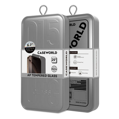 iPhone 15 CaseWorld 0.25mm Privacy 3D Temperli Cam Ekran Koruyucu + Uygulama Aparatlı