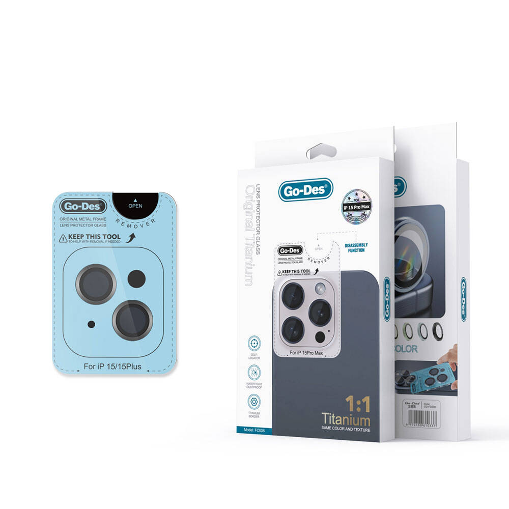 iPhone 15 Go Des Titanium Premium Temperli Kamera Lens Koruyucu