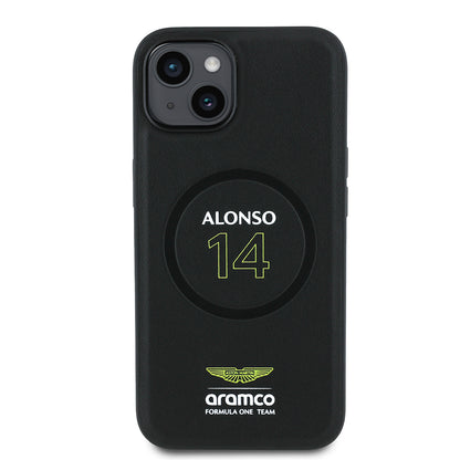 iPhone 15 Kılıf Aston Martin Orijinal Lisanslı M-safe Şarj Özellikli PU Deri Alonso 14 Baskılı Kılıf