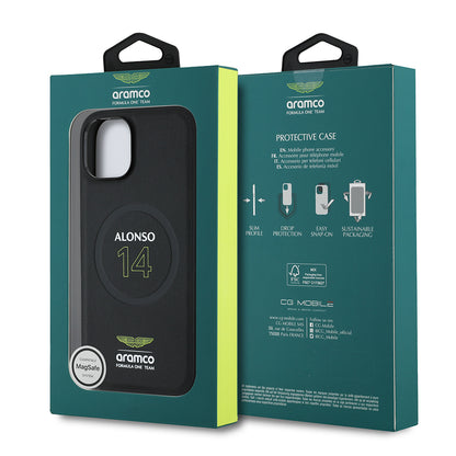 iPhone 15 Kılıf Aston Martin Orijinal Lisanslı M-safe Şarj Özellikli PU Deri Alonso 14 Baskılı Kılıf