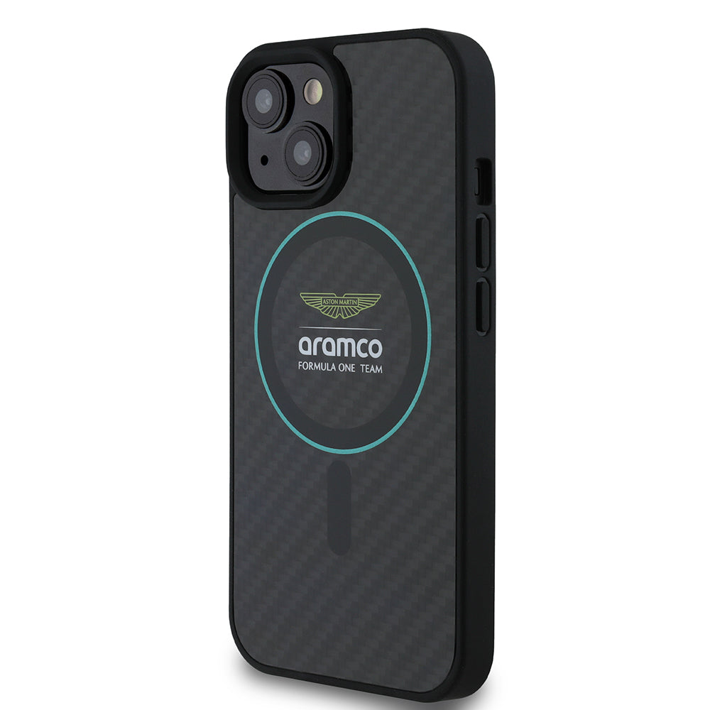 iPhone 15 Kılıf Aston Martin Orijinal Lisanslı M-safe Şarj Özellikli Renkli Halka ve Karbon Fiber Tasarımlı Kılıf