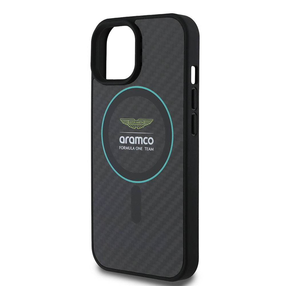 iPhone 15 Kılıf Aston Martin Orijinal Lisanslı M-safe Şarj Özellikli Renkli Halka ve Karbon Fiber Tasarımlı Kılıf