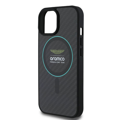 iPhone 15 Kılıf Aston Martin Orijinal Lisanslı M-safe Şarj Özellikli Renkli Halka ve Karbon Fiber Tasarımlı Kılıf