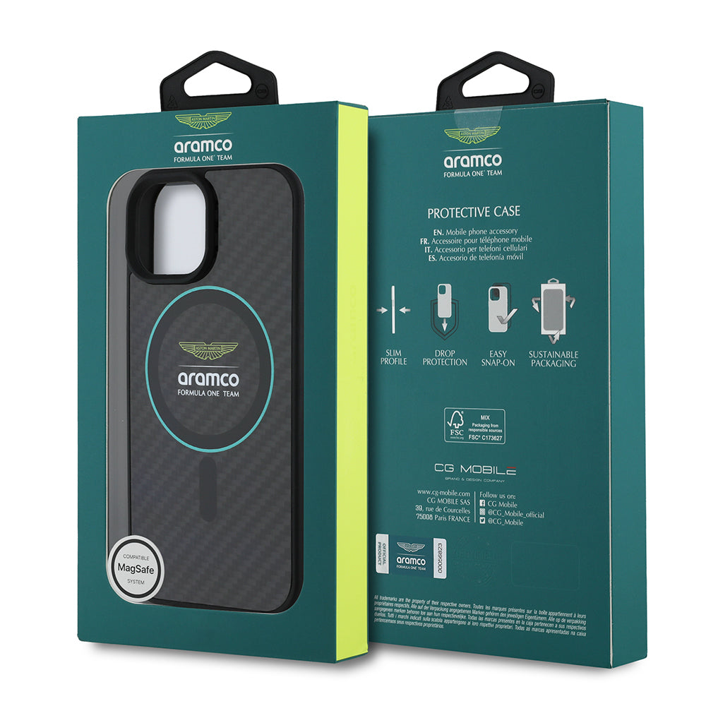 iPhone 15 Kılıf Aston Martin Orijinal Lisanslı M-safe Şarj Özellikli Renkli Halka ve Karbon Fiber Tasarımlı Kılıf