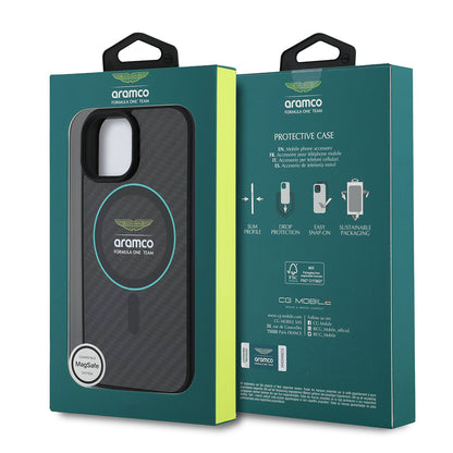 iPhone 15 Kılıf Aston Martin Orijinal Lisanslı M-safe Şarj Özellikli Renkli Halka ve Karbon Fiber Tasarımlı Kılıf