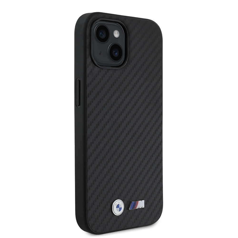 iPhone 15 Kılıf BMW Orijinal Lisanslı Karbon Fiber Tasarımlı ve Metal Logolu PU Deri Kılıf