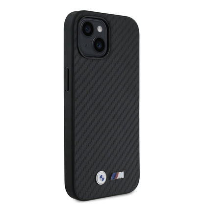 iPhone 15 Kılıf BMW Orijinal Lisanslı Karbon Fiber Tasarımlı ve Metal Logolu PU Deri Kılıf