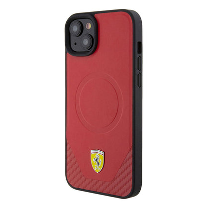 iPhone 15 Kılıf Ferrari Orijinal Lisanslı M-safe Şarj Özellikli Metal Logolu PU Karbon Kılıf
