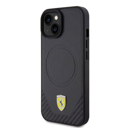 iPhone 15 Kılıf Ferrari orijinal Lisanslı M-safe Şarj Özellikli Metal Logolu PU Karbon Kılıf