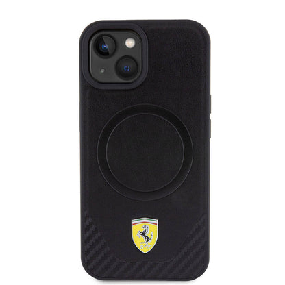 iPhone 15 Kılıf Ferrari orijinal Lisanslı M-safe Şarj Özellikli Metal Logolu PU Karbon Kılıf