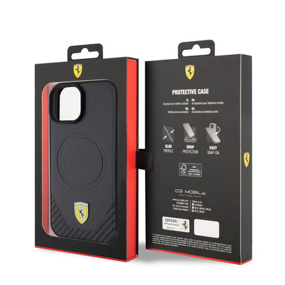 iPhone 15 Kılıf Ferrari orijinal Lisanslı M-safe Şarj Özellikli Metal Logolu PU Karbon Kılıf