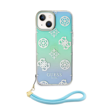 iPhone 15 Kılıf Guess Orijinal Lisanslı Desenli Yazı Logolu Askı İpli Holografik Glitter Peony Kılıf