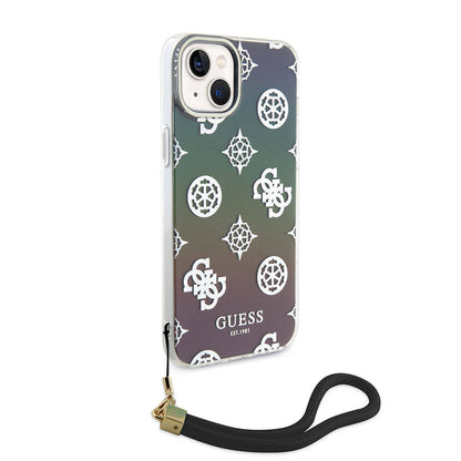 iPhone 15 Kılıf Guess Orijinal Lisanslı Desenli Yazı Logolu Askı İpli Holografik Glitter Peony Kılıf