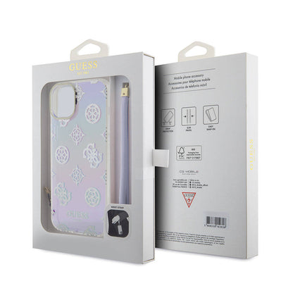 iPhone 15 Kılıf Guess Orijinal Lisanslı Desenli Yazı Logolu Askı İpli Holografik Glitter Peony Kılıf