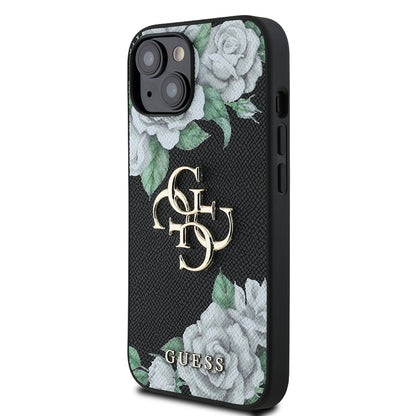 iPhone 15 Kılıf Guess Orijinal Lisanslı Gül Baskılı Büyük Metal Logo Dizaynlı Kılıf