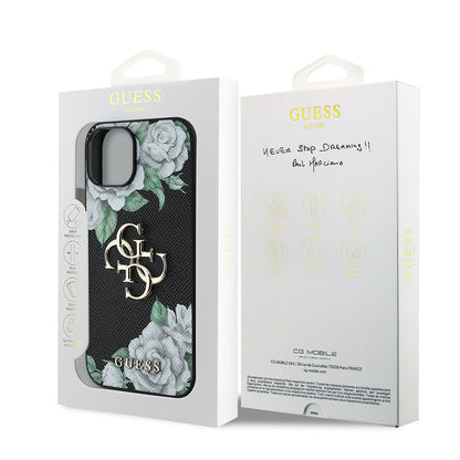 iPhone 15 Kılıf Guess Orijinal Lisanslı Gül Baskılı Büyük Metal Logo Dizaynlı Kılıf