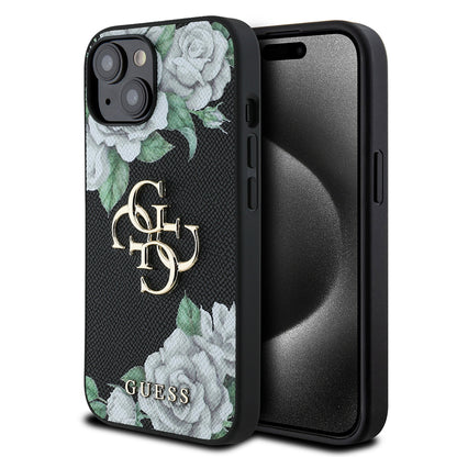 iPhone 15 Kılıf Guess Orijinal Lisanslı Gül Baskılı Büyük Metal Logo Dizaynlı Kılıf
