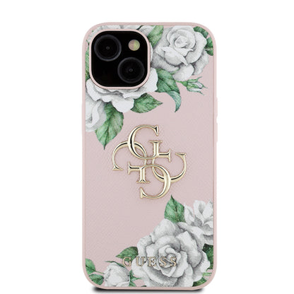 iPhone 15 Kılıf Guess Orijinal Lisanslı Gül Baskılı Büyük Metal Logo Dizaynlı Kılıf