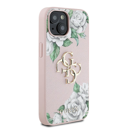 iPhone 15 Kılıf Guess Orijinal Lisanslı Gül Baskılı Büyük Metal Logo Dizaynlı Kılıf