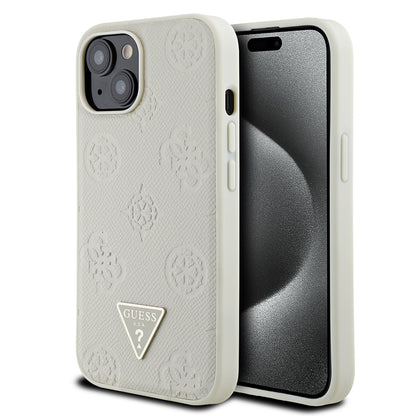 iPhone 15 Kılıf Guess Orijinal Lisanslı M-safe Şarj Özellikli Sıcak Baskılı Üçgen Logolu PU Deri Peony Kılıf