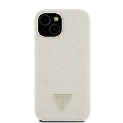 iPhone 15 Kılıf Guess Orijinal Lisanslı M-safe Şarj Özellikli Sıcak Baskılı Üçgen Logolu PU Deri Peony Kılıf