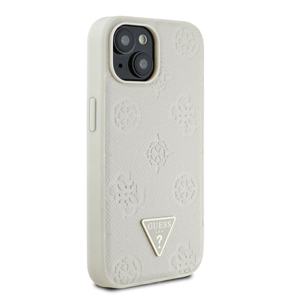 iPhone 15 Kılıf Guess Orijinal Lisanslı M-safe Şarj Özellikli Sıcak Baskılı Üçgen Logolu PU Deri Peony Kılıf