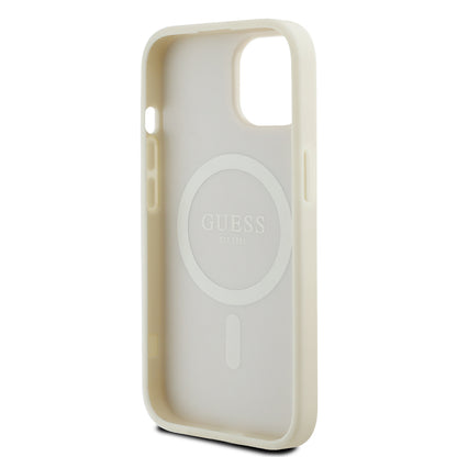 iPhone 15 Kılıf Guess Orijinal Lisanslı M-safe Şarj Özellikli Sıcak Baskılı Üçgen Logolu PU Deri Peony Kılıf