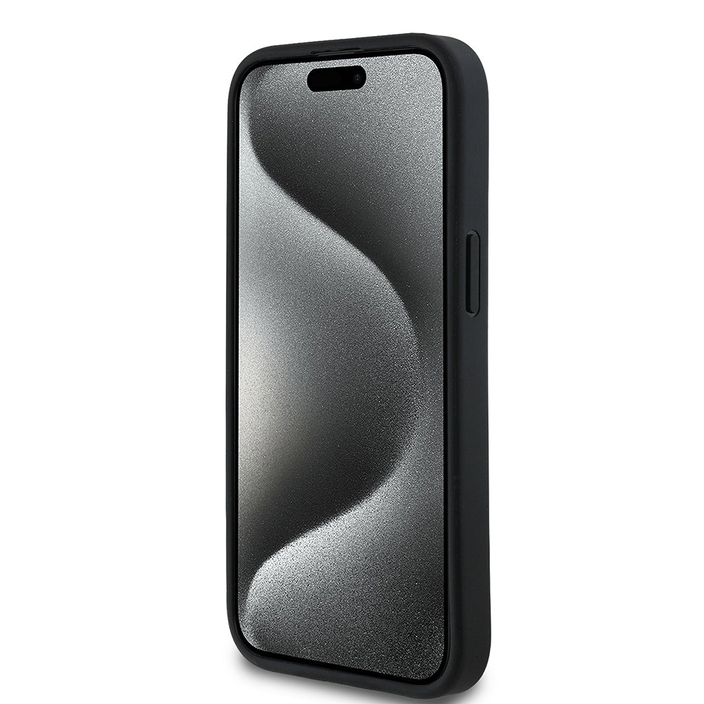 iPhone 15 Kılıf Guess Orijinal Lisanslı M-safe Şarj Özellikli Sıcak Baskılı Üçgen Logolu PU Deri Peony Kılıf