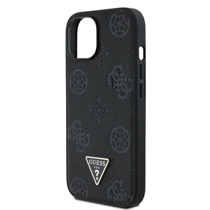 iPhone 15 Kılıf Guess Orijinal Lisanslı M-safe Şarj Özellikli Sıcak Baskılı Üçgen Logolu PU Deri Peony Kılıf