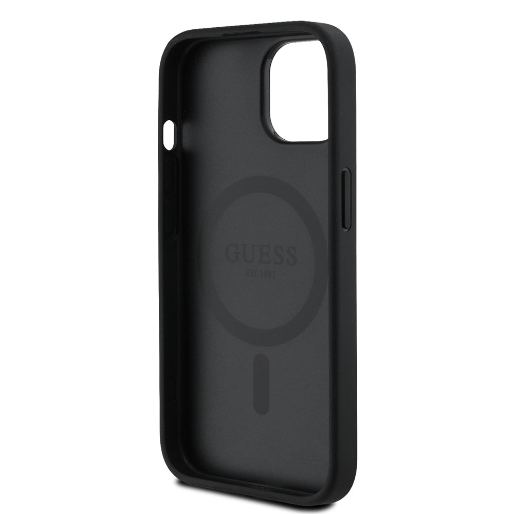 iPhone 15 Kılıf Guess Orijinal Lisanslı M-safe Şarj Özellikli Sıcak Baskılı Üçgen Logolu PU Deri Peony Kılıf