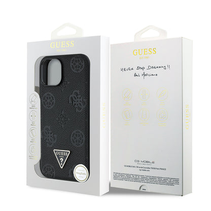 iPhone 15 Kılıf Guess Orijinal Lisanslı M-safe Şarj Özellikli Sıcak Baskılı Üçgen Logolu PU Deri Peony Kılıf