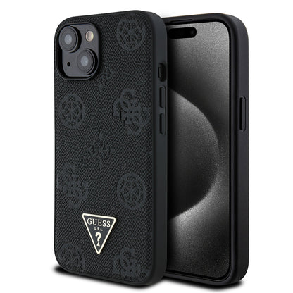 iPhone 15 Kılıf Guess Orijinal Lisanslı M-safe Şarj Özellikli Sıcak Baskılı Üçgen Logolu PU Deri Peony Kılıf