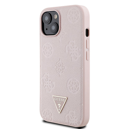iPhone 15 Kılıf Guess Orijinal Lisanslı M-safe Şarj Özellikli Sıcak Baskılı Üçgen Logolu PU Deri Peony Kılıf