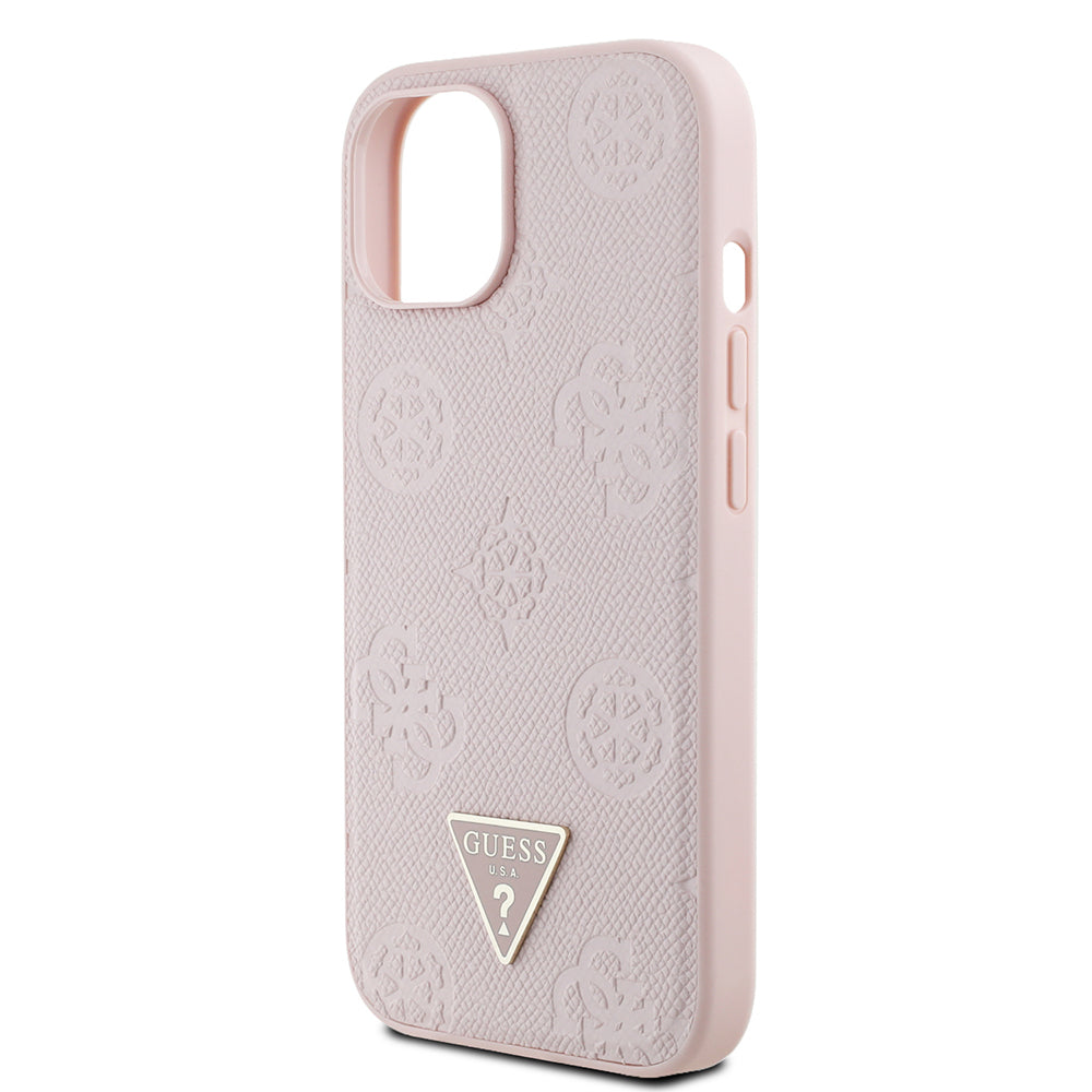 iPhone 15 Kılıf Guess Orijinal Lisanslı M-safe Şarj Özellikli Sıcak Baskılı Üçgen Logolu PU Deri Peony Kılıf
