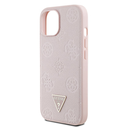 iPhone 15 Kılıf Guess Orijinal Lisanslı M-safe Şarj Özellikli Sıcak Baskılı Üçgen Logolu PU Deri Peony Kılıf
