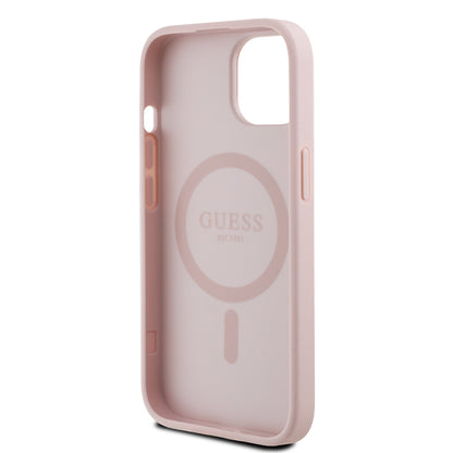 iPhone 15 Kılıf Guess Orijinal Lisanslı M-safe Şarj Özellikli Sıcak Baskılı Üçgen Logolu PU Deri Peony Kılıf
