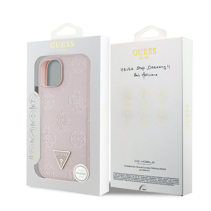iPhone 15 Kılıf Guess Orijinal Lisanslı M-safe Şarj Özellikli Sıcak Baskılı Üçgen Logolu PU Deri Peony Kılıf