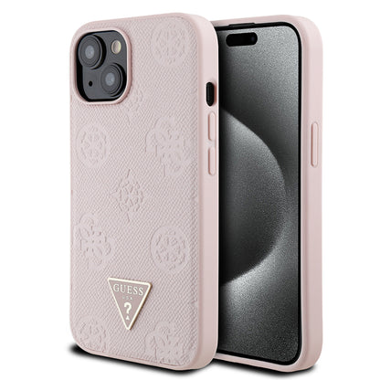 iPhone 15 Kılıf Guess Orijinal Lisanslı M-safe Şarj Özellikli Sıcak Baskılı Üçgen Logolu PU Deri Peony Kılıf
