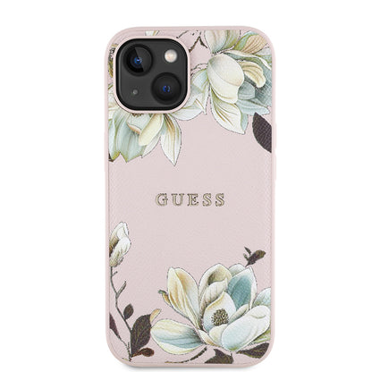 iPhone 15 Kılıf Guess Orijinal Lisanslı M-safe Şarj Özellikli Taneli Çiçek Tasarımlı Metal Yazı Logolu Kılıf