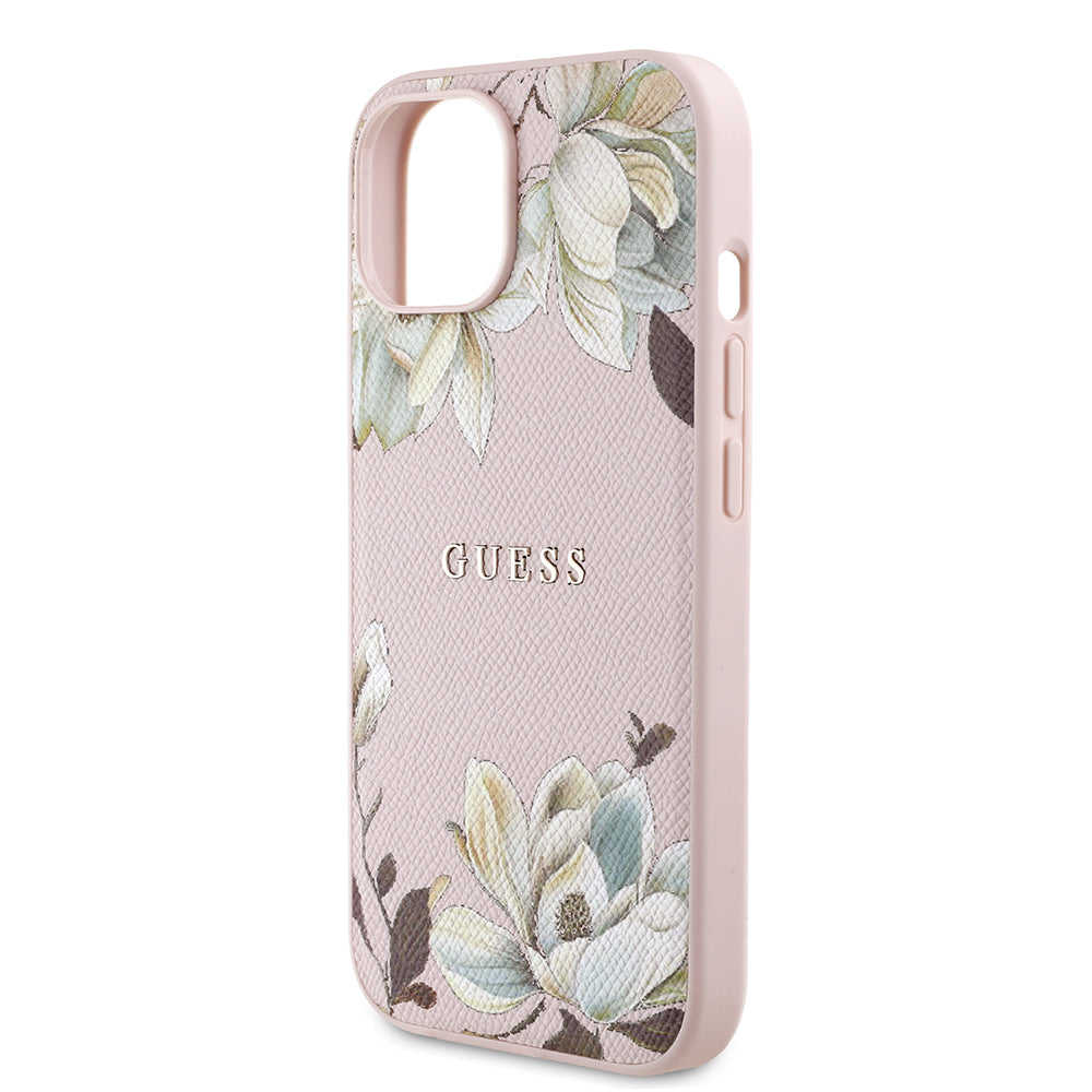 iPhone 15 Kılıf Guess Orijinal Lisanslı M-safe Şarj Özellikli Taneli Çiçek Tasarımlı Metal Yazı Logolu Kılıf