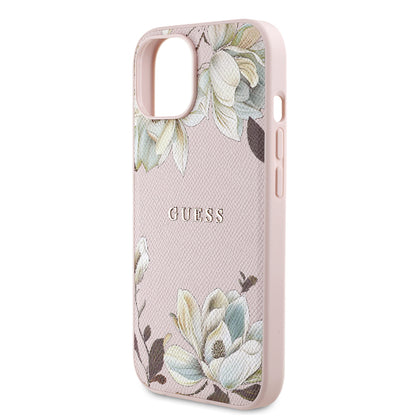 iPhone 15 Kılıf Guess Orijinal Lisanslı M-safe Şarj Özellikli Taneli Çiçek Tasarımlı Metal Yazı Logolu Kılıf
