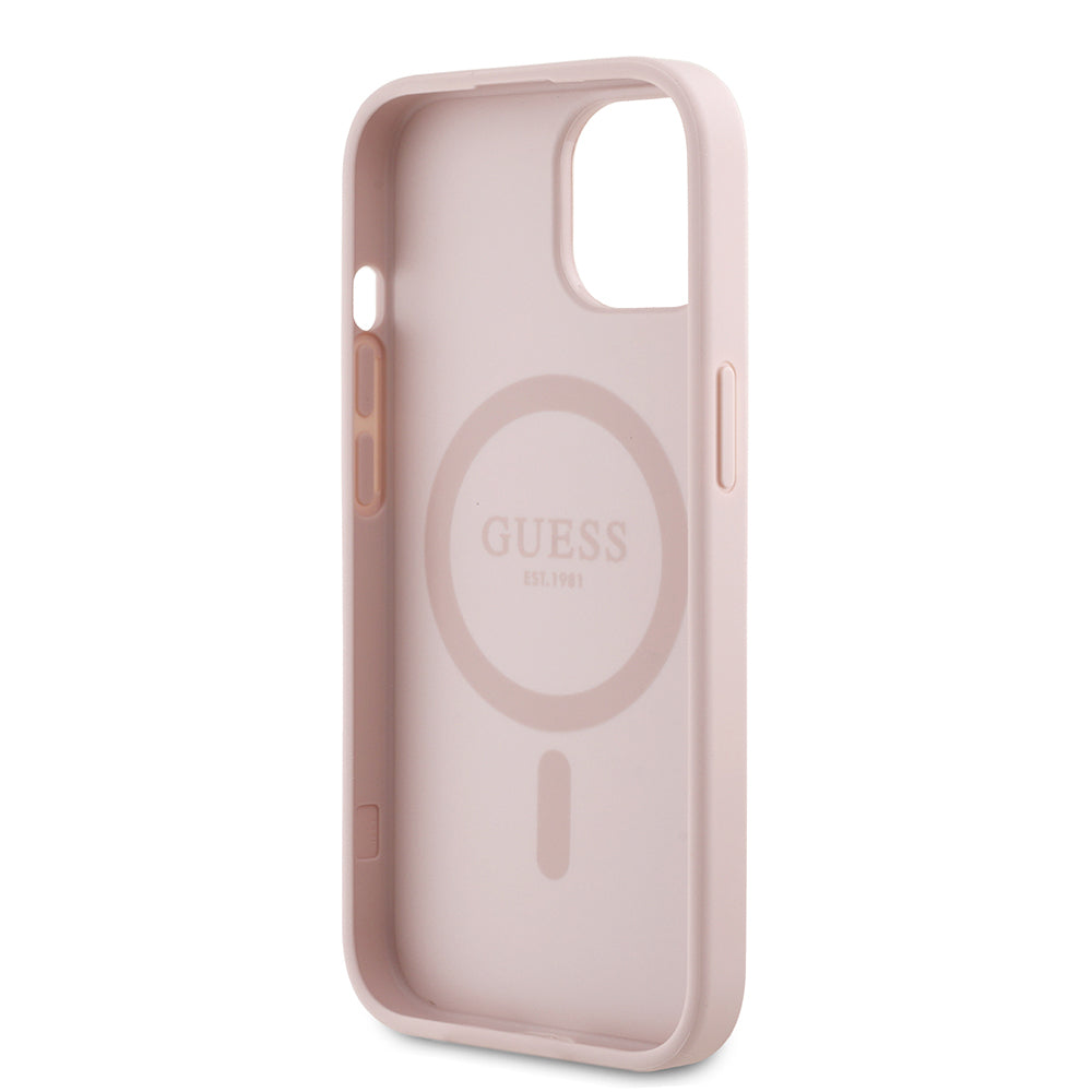 iPhone 15 Kılıf Guess Orijinal Lisanslı M-safe Şarj Özellikli Taneli Çiçek Tasarımlı Metal Yazı Logolu Kılıf