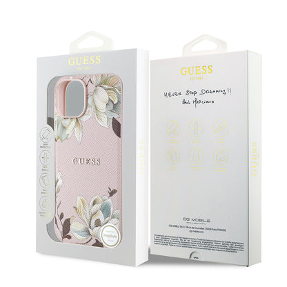 iPhone 15 Kılıf Guess Orijinal Lisanslı M-safe Şarj Özellikli Taneli Çiçek Tasarımlı Metal Yazı Logolu Kılıf