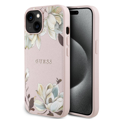 iPhone 15 Kılıf Guess Orijinal Lisanslı M-safe Şarj Özellikli Taneli Çiçek Tasarımlı Metal Yazı Logolu Kılıf