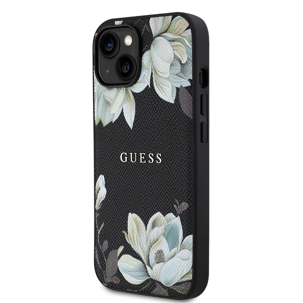iPhone 15 Kılıf Guess Orijinal Lisanslı M-safe Şarj Özellikli Taneli Çiçek Tasarımlı Metal Yazı Logolu Kılıf