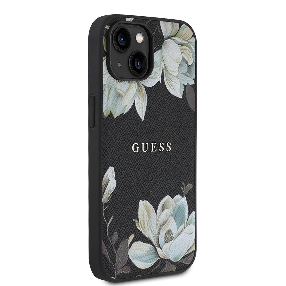 iPhone 15 Kılıf Guess Orijinal Lisanslı M-safe Şarj Özellikli Taneli Çiçek Tasarımlı Metal Yazı Logolu Kılıf