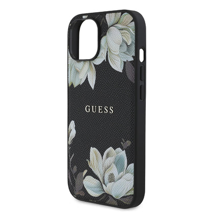 iPhone 15 Kılıf Guess Orijinal Lisanslı M-safe Şarj Özellikli Taneli Çiçek Tasarımlı Metal Yazı Logolu Kılıf