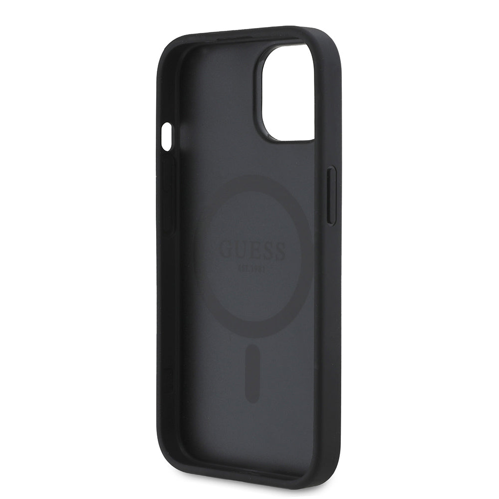 iPhone 15 Kılıf Guess Orijinal Lisanslı M-safe Şarj Özellikli Taneli Çiçek Tasarımlı Metal Yazı Logolu Kılıf
