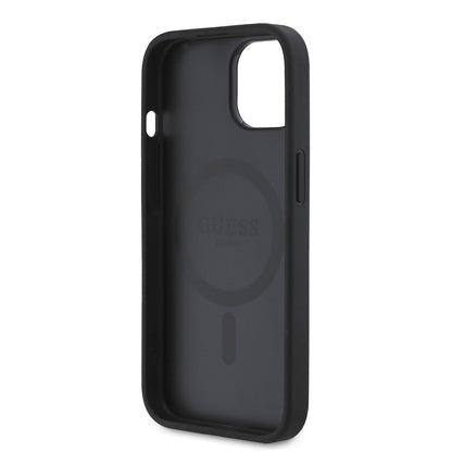 iPhone 15 Kılıf Guess Orijinal Lisanslı M-safe Şarj Özellikli Taneli Çiçek Tasarımlı Metal Yazı Logolu Kılıf