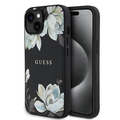 iPhone 15 Kılıf Guess Orijinal Lisanslı M-safe Şarj Özellikli Taneli Çiçek Tasarımlı Metal Yazı Logolu Kılıf